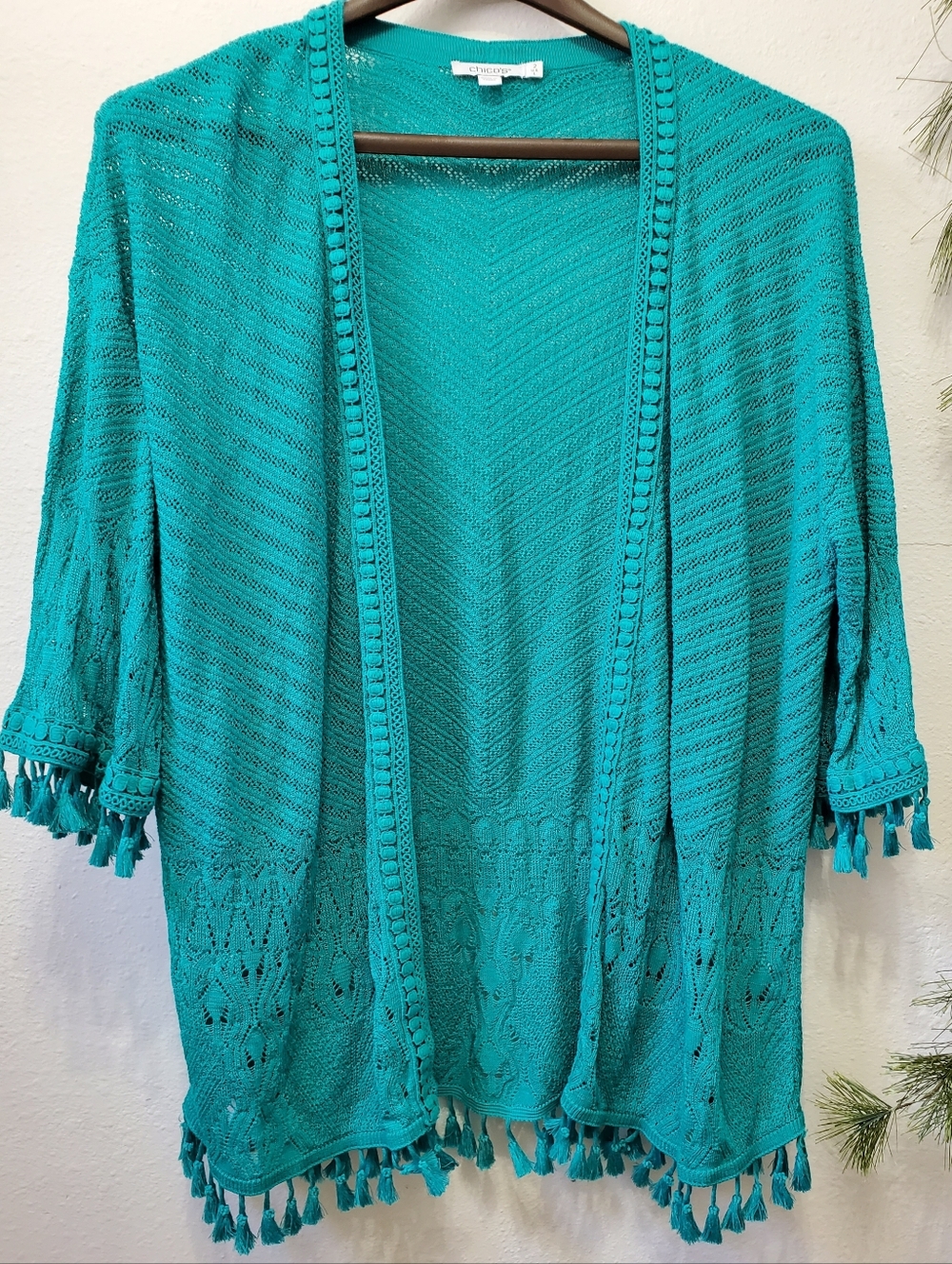 Chico's Beach Teal Pointelle Knit Tassel Fringe Lightweight Cardigan
